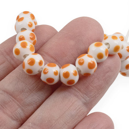 White Orange Polka Dot Beads: Indonesian Lampwork 8mm Round Halloween Fall 50Pcs