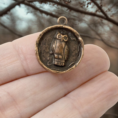 Copper Owl Pendants, Rustic Fall Nature Charm, Woodland Animal Jewelry, USA Made, 2-Pack