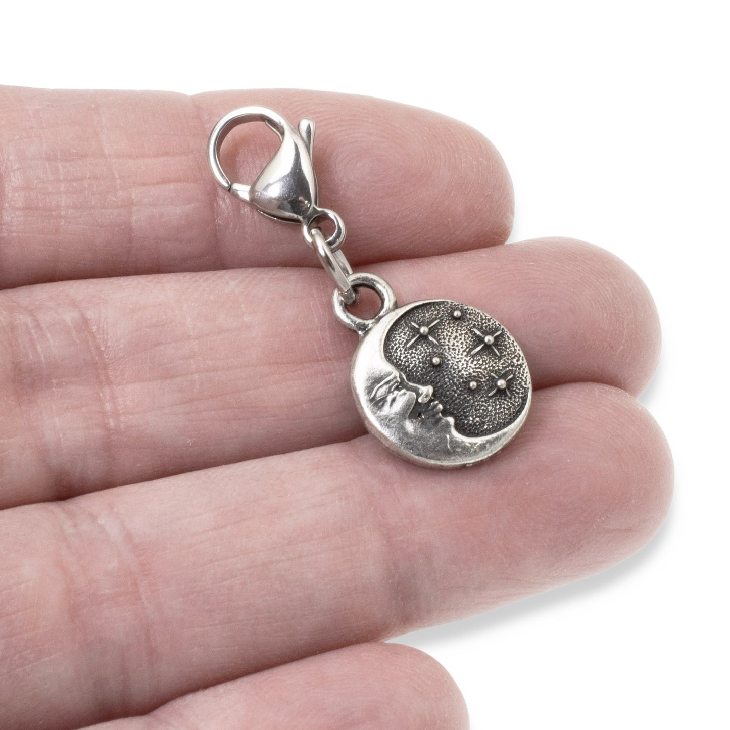 Starry Night Clip on Charm, Silver Moon + Crystal Accent & Lobster Clasp