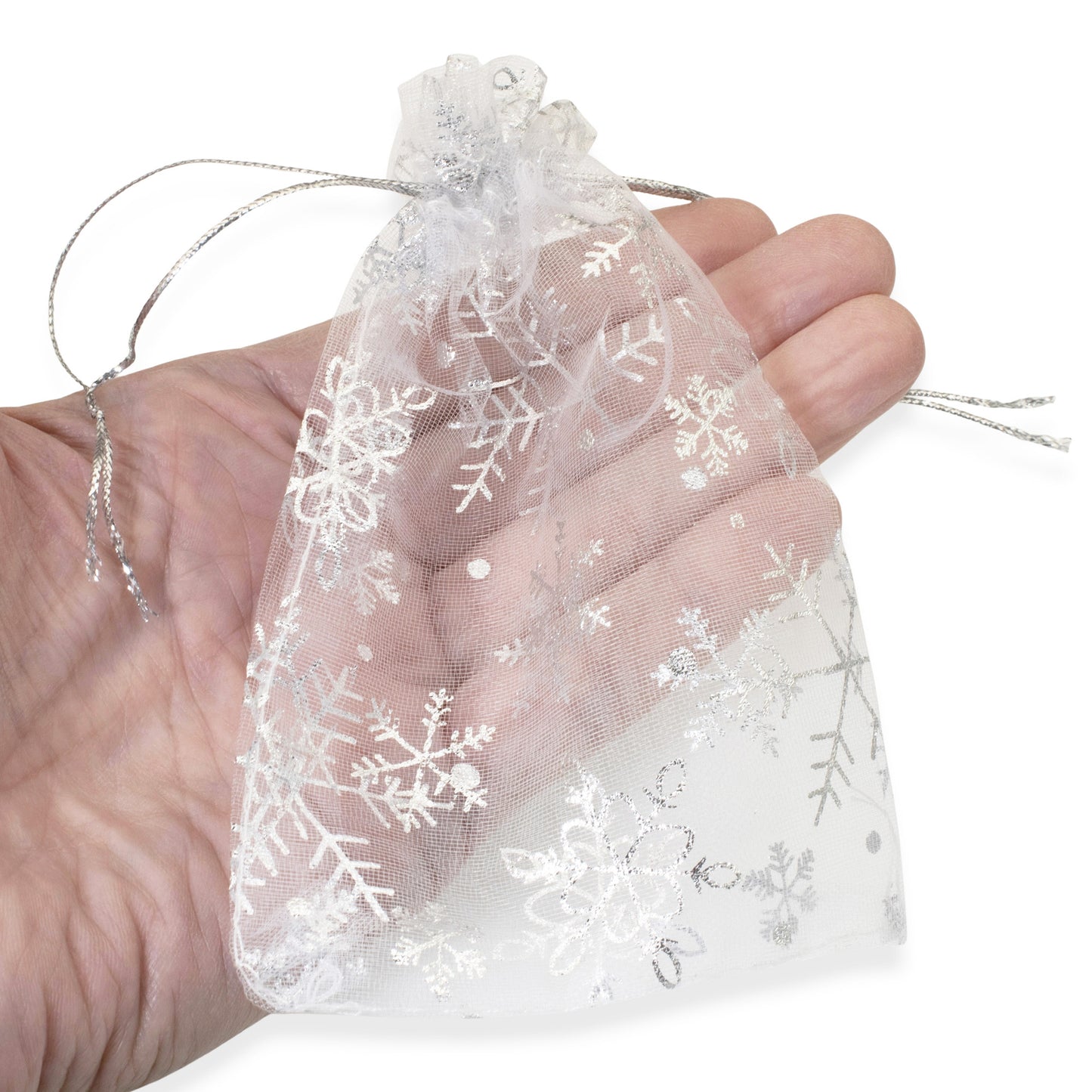 10 White Snowflake Christmas Bags, Organza Holiday Gift Treat Bag