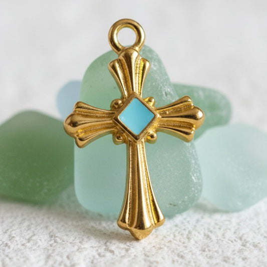 Cross Pendant with Aqua Enamel Accent: 24K Gold Plated Coastal Deco Charm 2 Pack