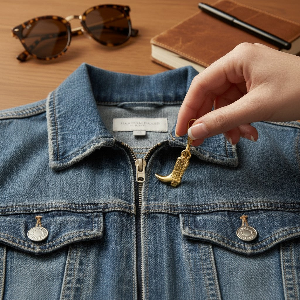 Cowgirl Boot Clip-On Charm Gold: 24k Plated Western Zipper Pull Keychain Accessory