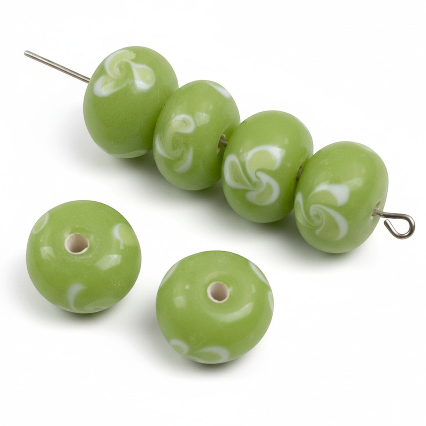 Green Swirl Flower Lampwork Beads: Opaque Lime Rondelle Glass 13mm 10-Pack