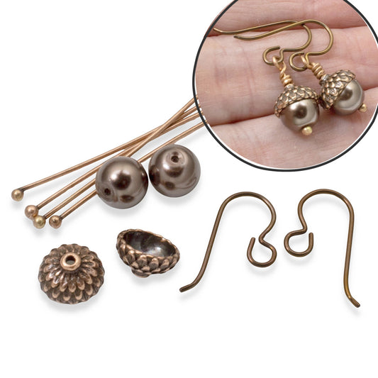 Hackberry Creek DIY earring kit with chocolate brown glass pearls, copper acorn caps, and hypoallergenic niobium hooks.