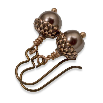 Hackberry Creek brown glass pearl and copper acorn cap DIY earring kit with hypoallergenic niobium hooks.