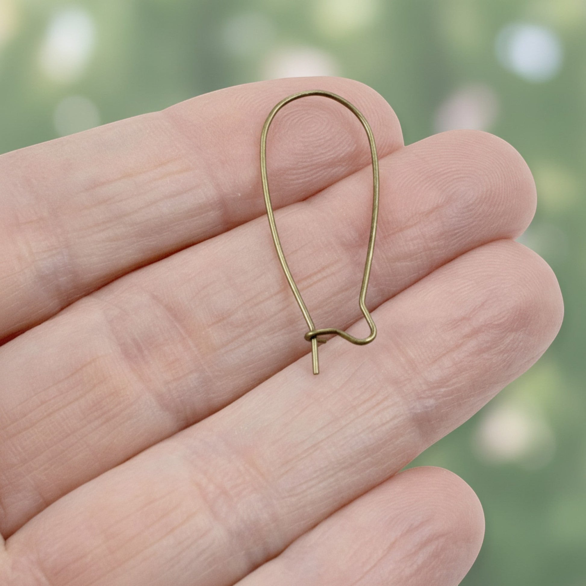 Hackberry Creek antique brass kidney ear wires, 33mm vintage boho earring findings with safety hook closure.