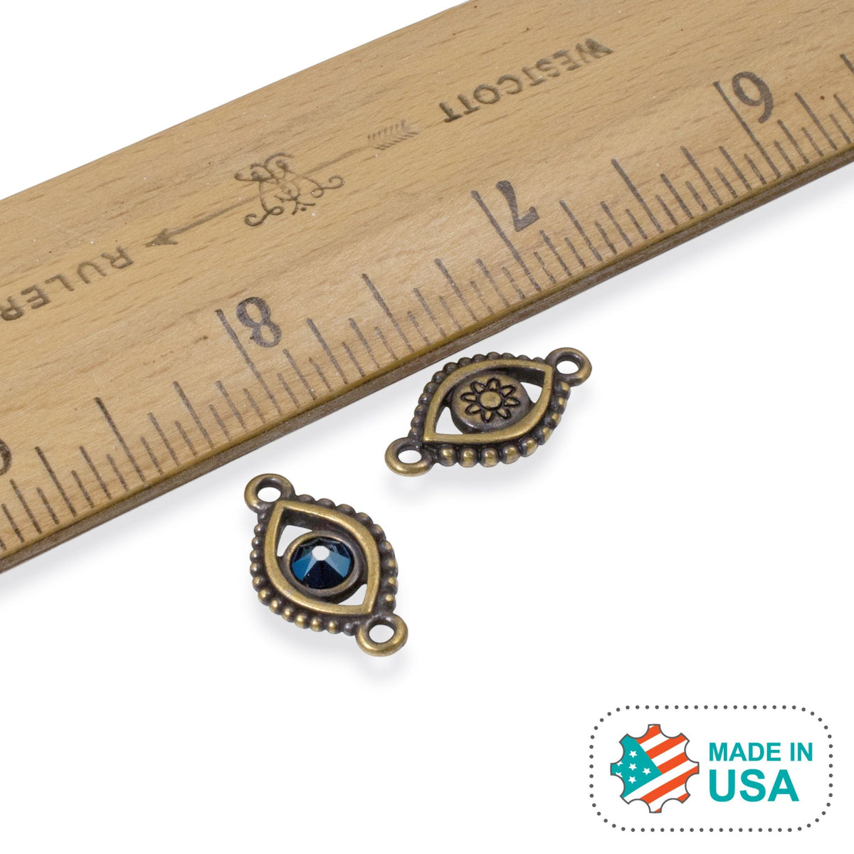 Hackberry Creek antique brass evil eye connector links with blue crystal accents for DIY jewelry making