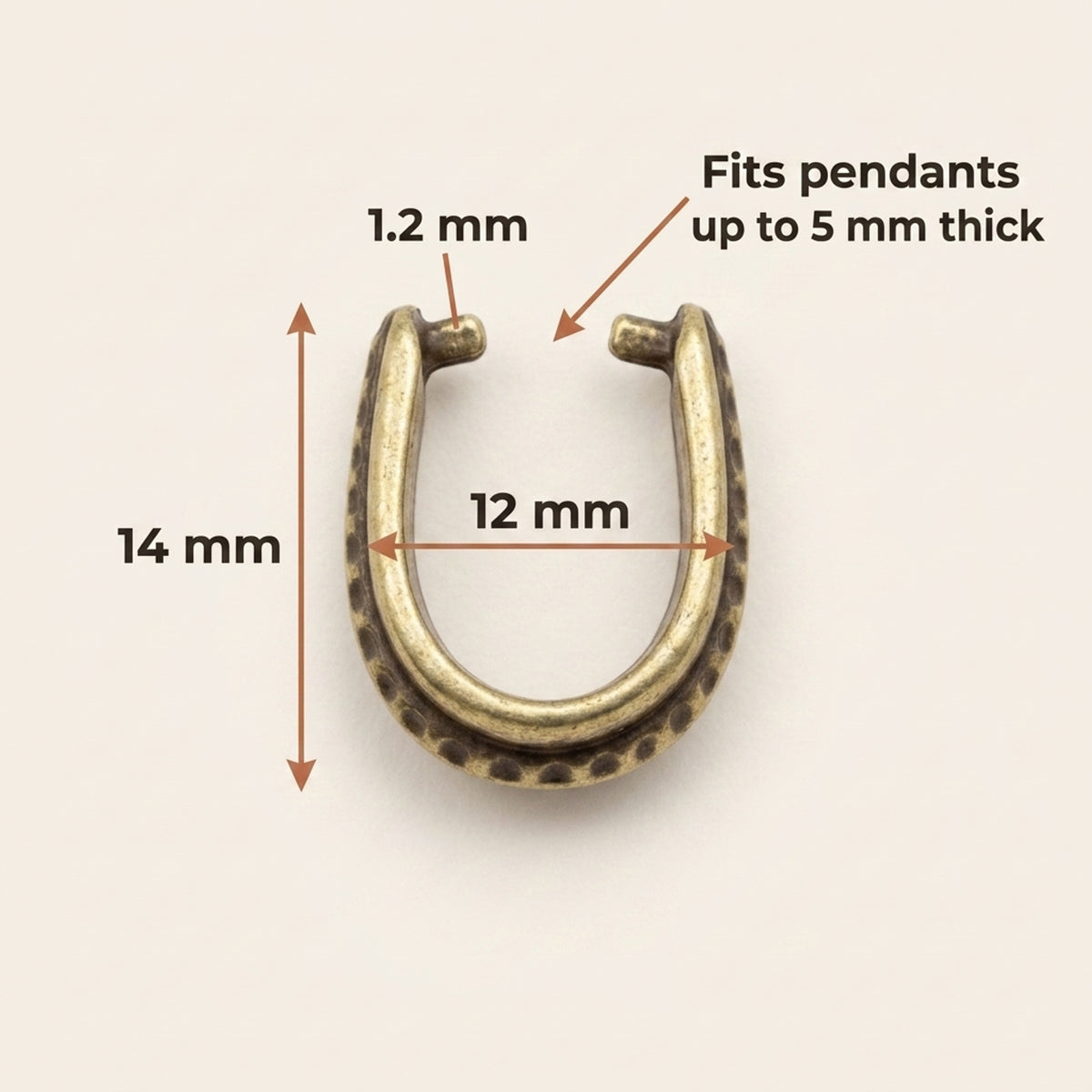 Hackberry Creek antique brass hammered pinch bail with dimensions showing 14mm height and 12mm width for jewelry making