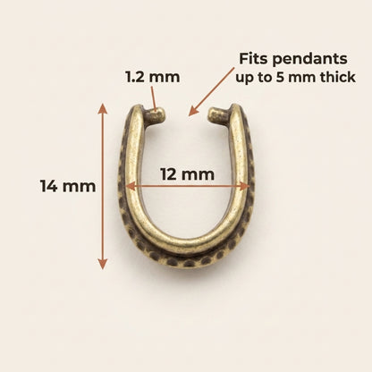 Hackberry Creek antique brass hammered pinch bail with dimensions showing 14mm height and 12mm width for jewelry making