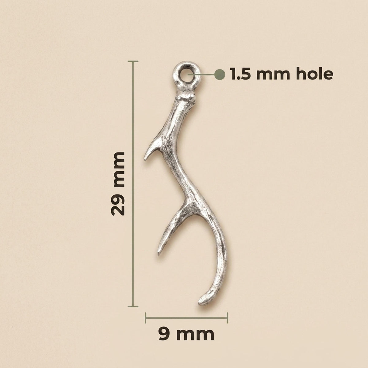 Hackberry Creek antique silver antler charm with 1.5mm hole, 29mm tall, nature-inspired jewelry making component.