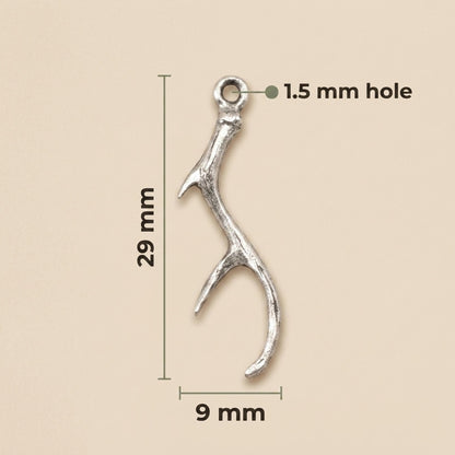 Hackberry Creek antique silver antler charm with 1.5mm hole, 29mm tall, nature-inspired jewelry making component.