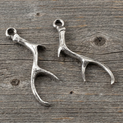 Hackberry Creek antique silver antler charms for jewelry making, featuring detailed pewter design in a 2-pack.