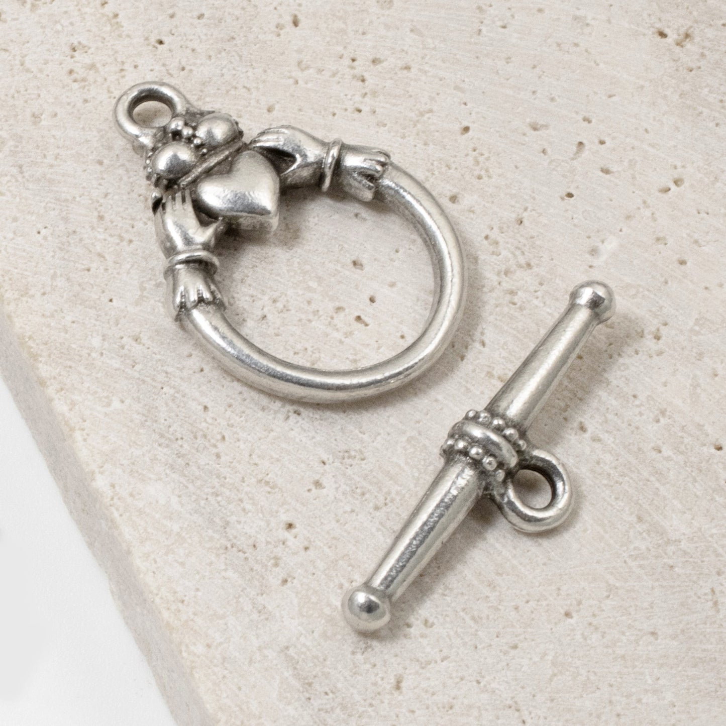 Hackberry Creek antique silver Claddagh toggle clasp set for jewelry making. Features pewter with silver plating.