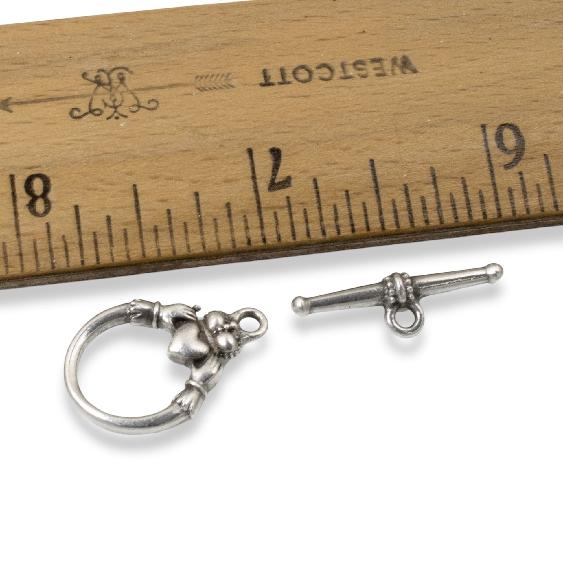 Hackberry Creek antique silver Claddagh toggle clasp set for jewelry making. Features pewter with silver plating and oxidized finish.