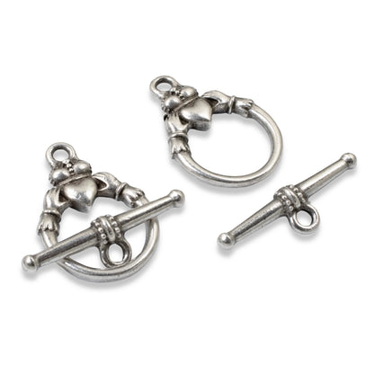 Hackberry Creek antique silver Claddagh toggle clasp sets for jewelry making. Features pewter with fine silver plating.