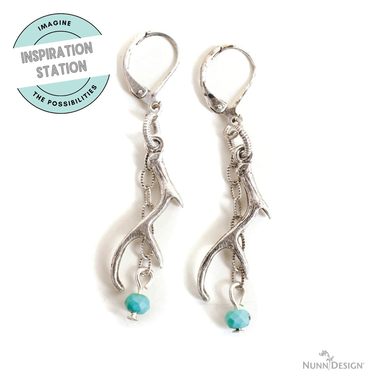 Hackberry Creek antler charm earrings in antique silver with turquoise beads on leverback hooks