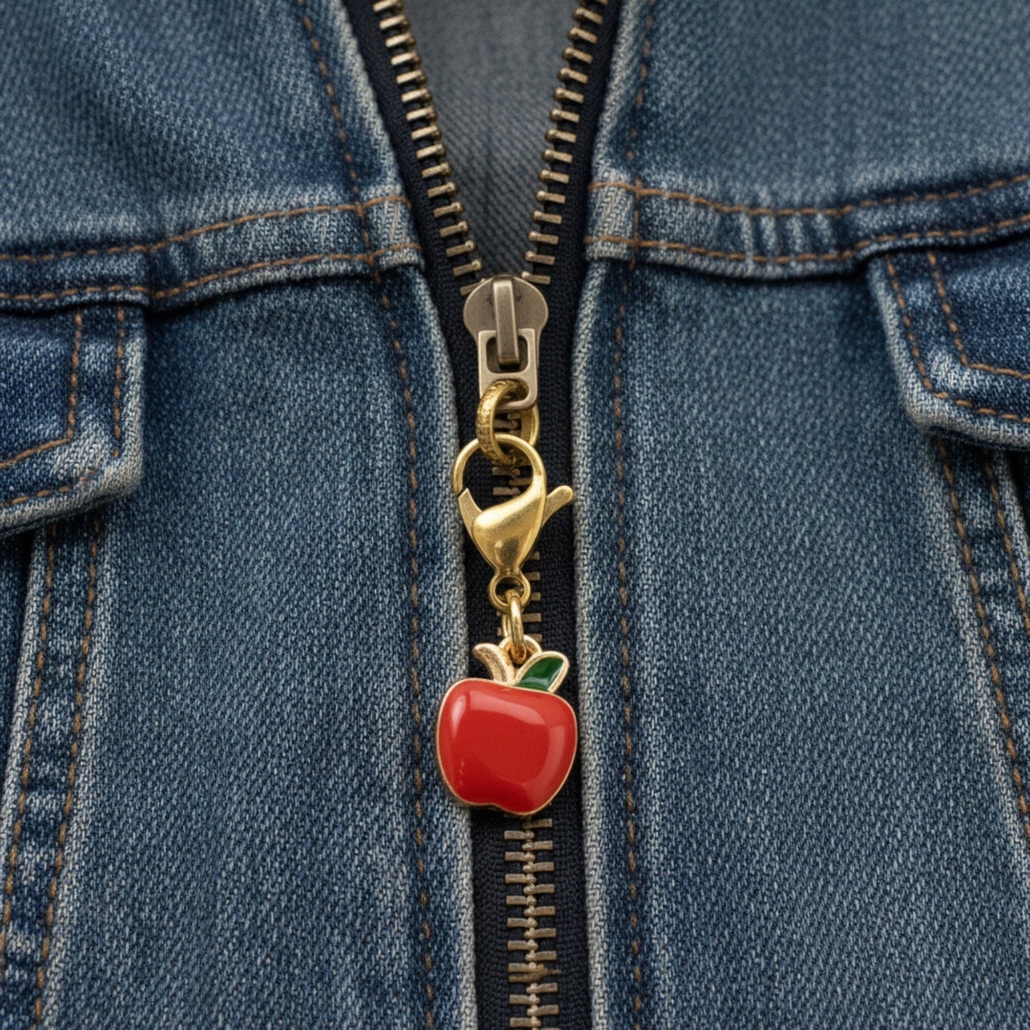 Hackberry Creek gold-plated apple charm with red and green enamel attached to a blue denim jacket zipper.
