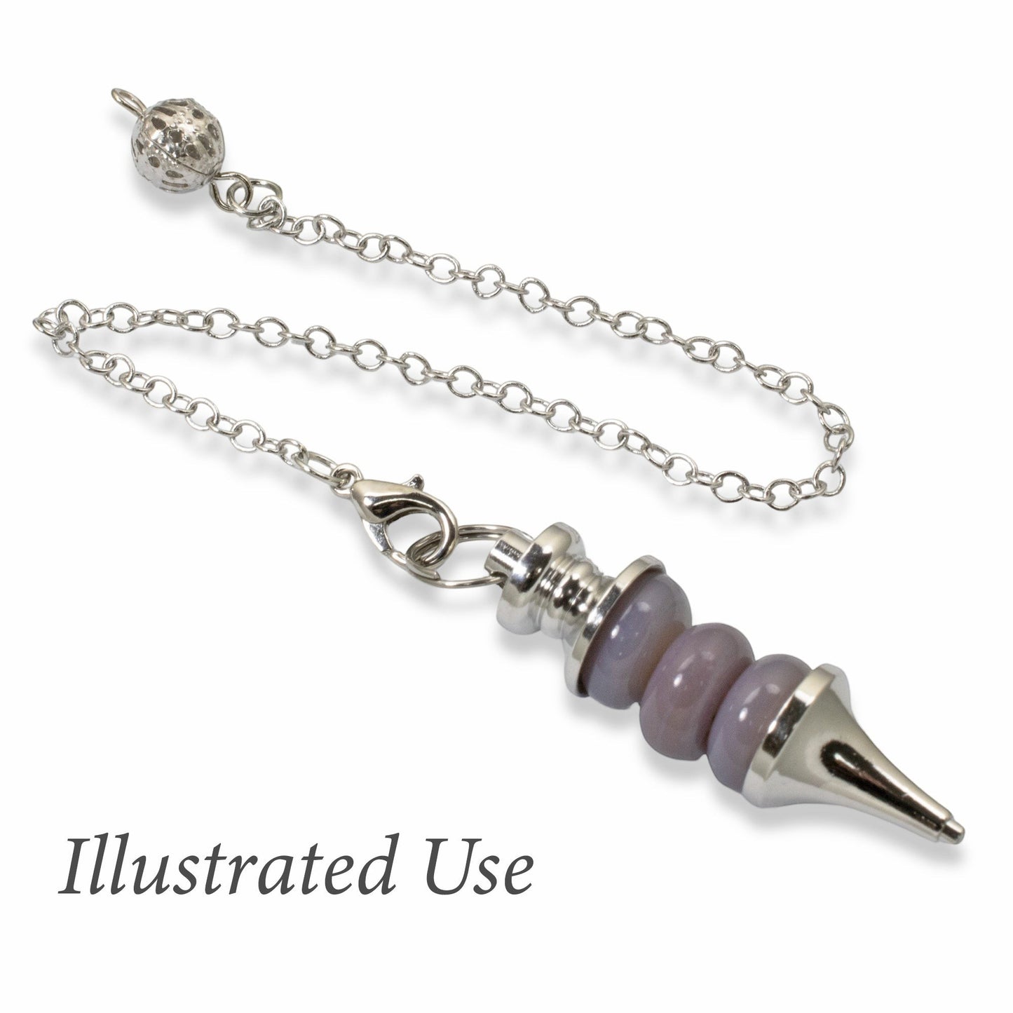 Hackberry Creek silver beadable dowsing pendulum with interchangeable purple beads on a metal chain