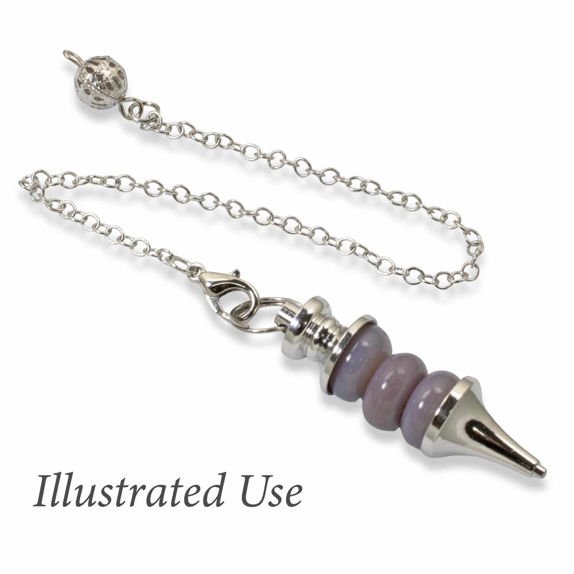 Hackberry Creek silver beadable dowsing pendulum with interchangeable purple beads on a metal chain