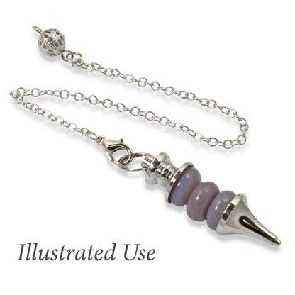 Hackberry Creek silver beadable dowsing pendulum with interchangeable purple beads on a metal chain