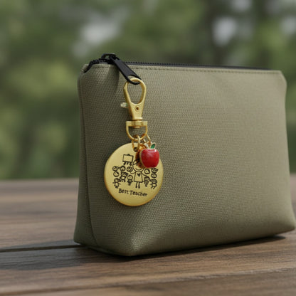 Hackberry Creek gold Best Teacher medallion and red apple charm clipped to an olive green canvas zipper pouch.