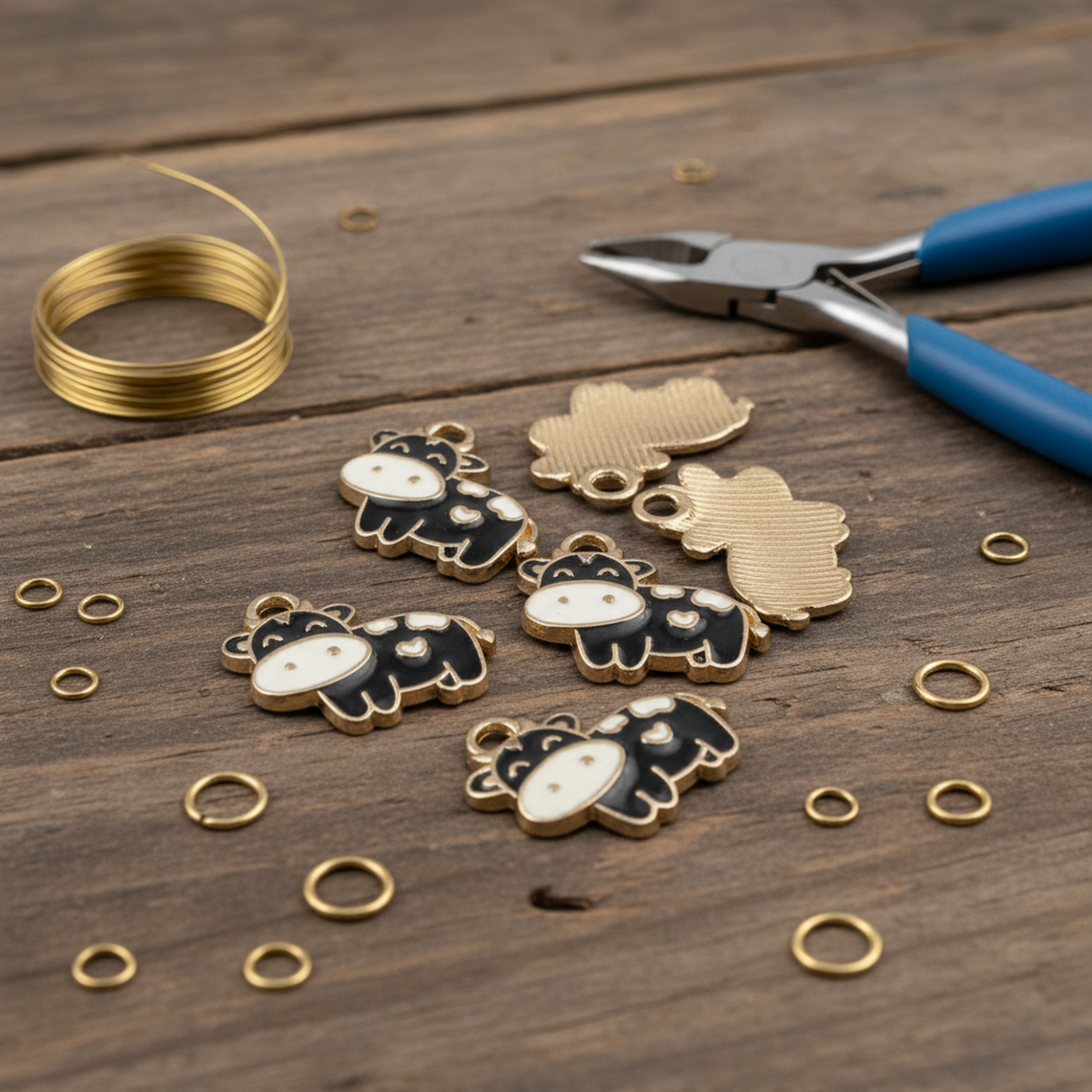 Hackberry Creek black and ivory enamel cow charms with copper finish on a rustic wooden table with jewelry tools.