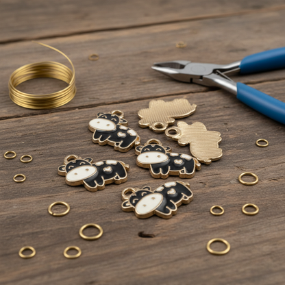 Hackberry Creek black and ivory enamel cow charms with copper finish on a rustic wooden table with jewelry tools.