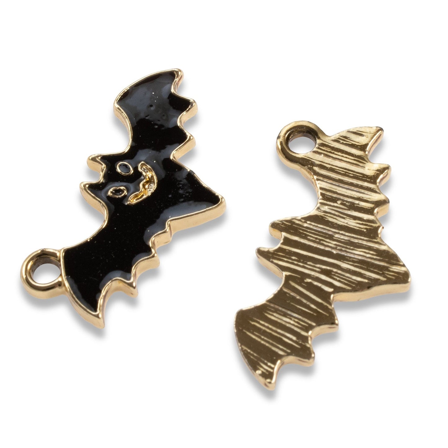 Hackberry Creek black enamel flying bat charms with gold-plated metal backing for gothic jewelry making.
