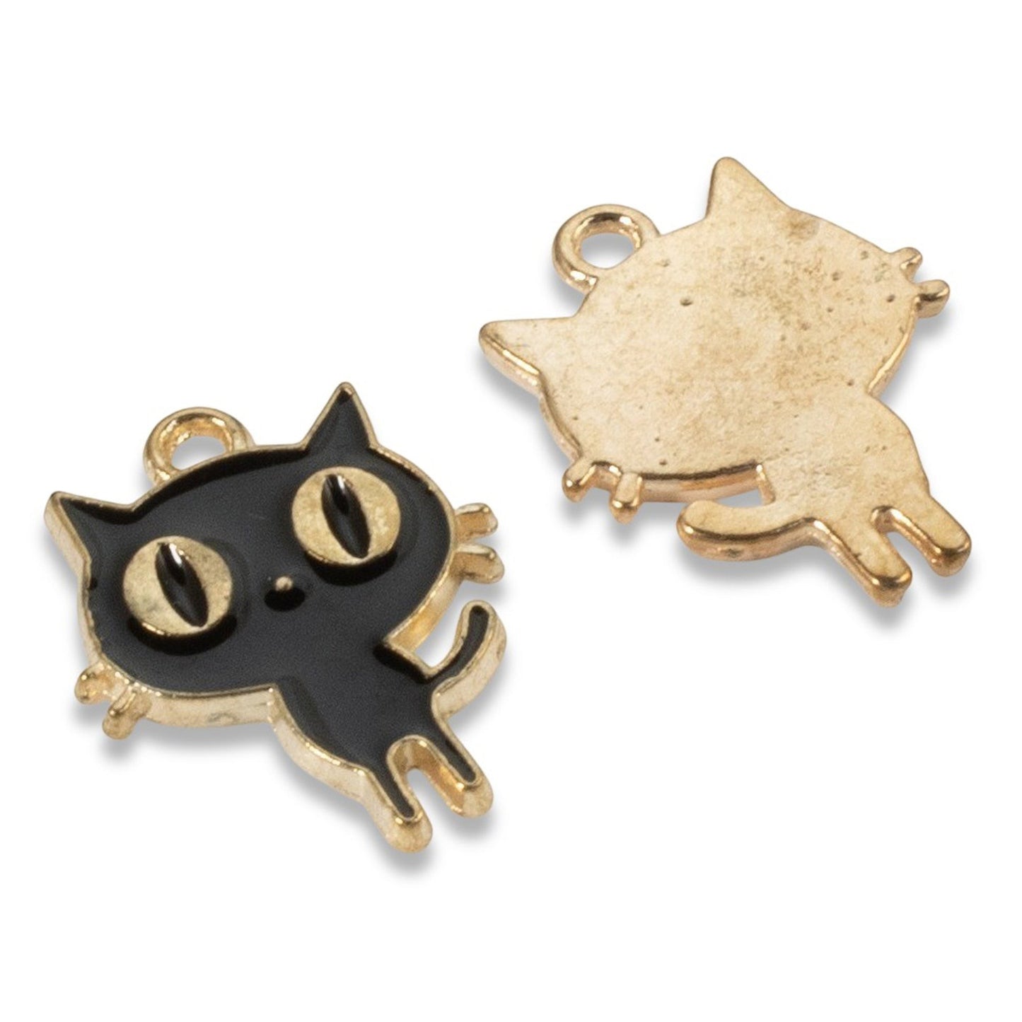 Hackberry Creek black enamel cat charms with gold-plated metal alloy backing for DIY jewelry making.
