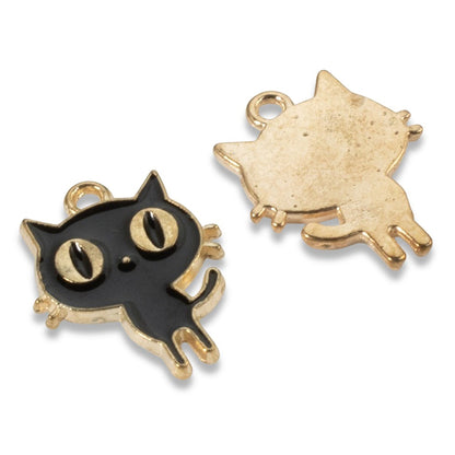 Hackberry Creek black enamel cat charms with gold-plated metal alloy backing for DIY jewelry making.
