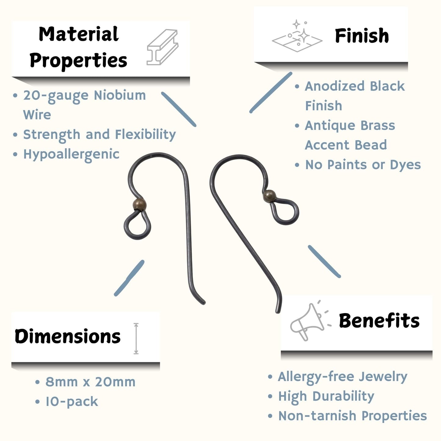 Hackberry Creek matte black niobium earring hooks with antique brass bead, 20 gauge, 10 pack. Hypoallergenic for sensitive ears.