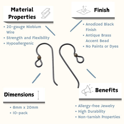 Hackberry Creek matte black niobium earring hooks with antique brass bead, 20 gauge, 10 pack. Hypoallergenic for sensitive ears.