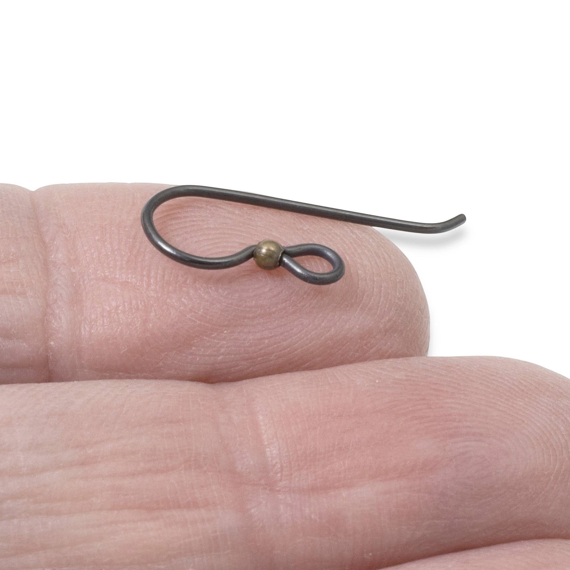 Hackberry Creek matte black niobium earring hooks with antique brass bead, 20 gauge, for sensitive ears.
