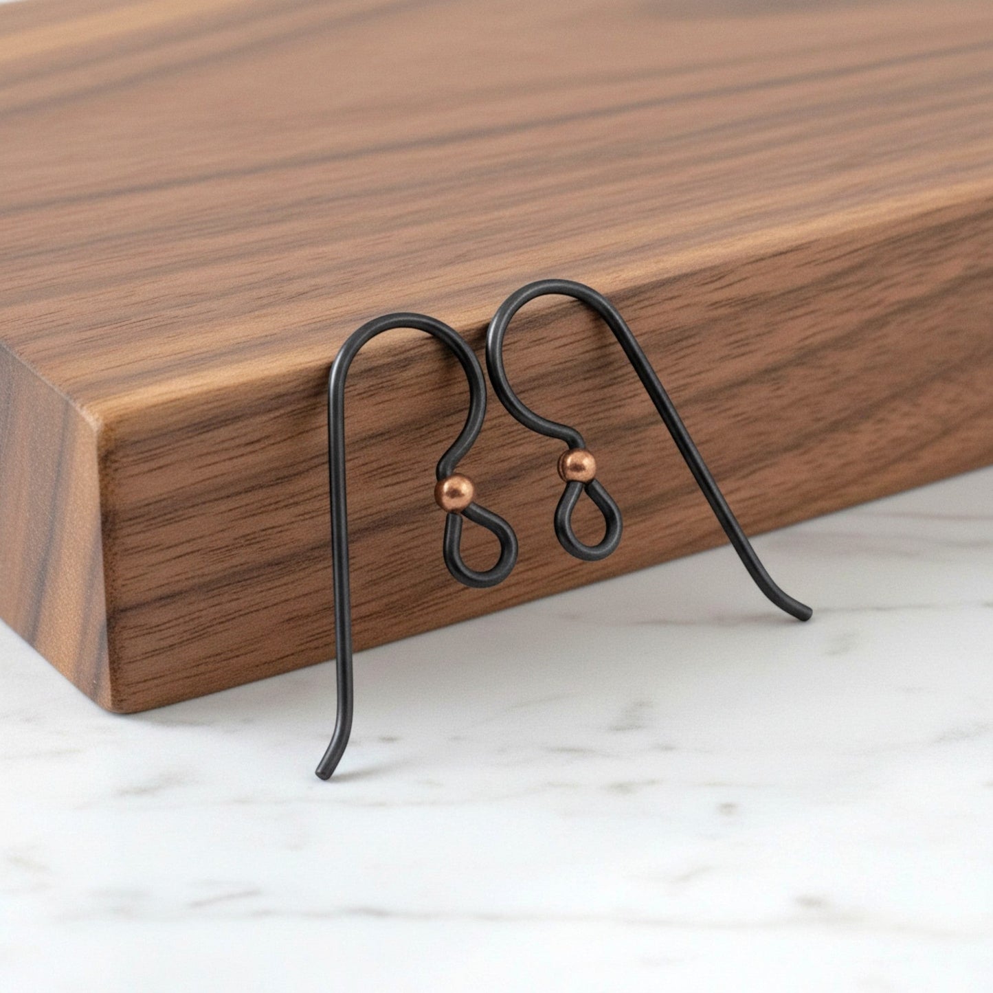 Hackberry Creek matte black niobium earring hooks with copper bead, hypoallergenic, 20 gauge, 8mm x 20mm, USA made