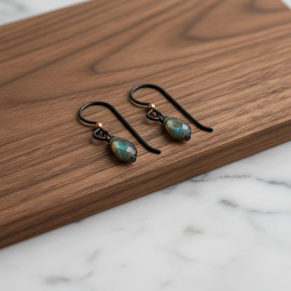 Hackberry Creek matte black niobium earring hooks with copper bead and labradorite gemstone. Hypoallergenic, USA made.