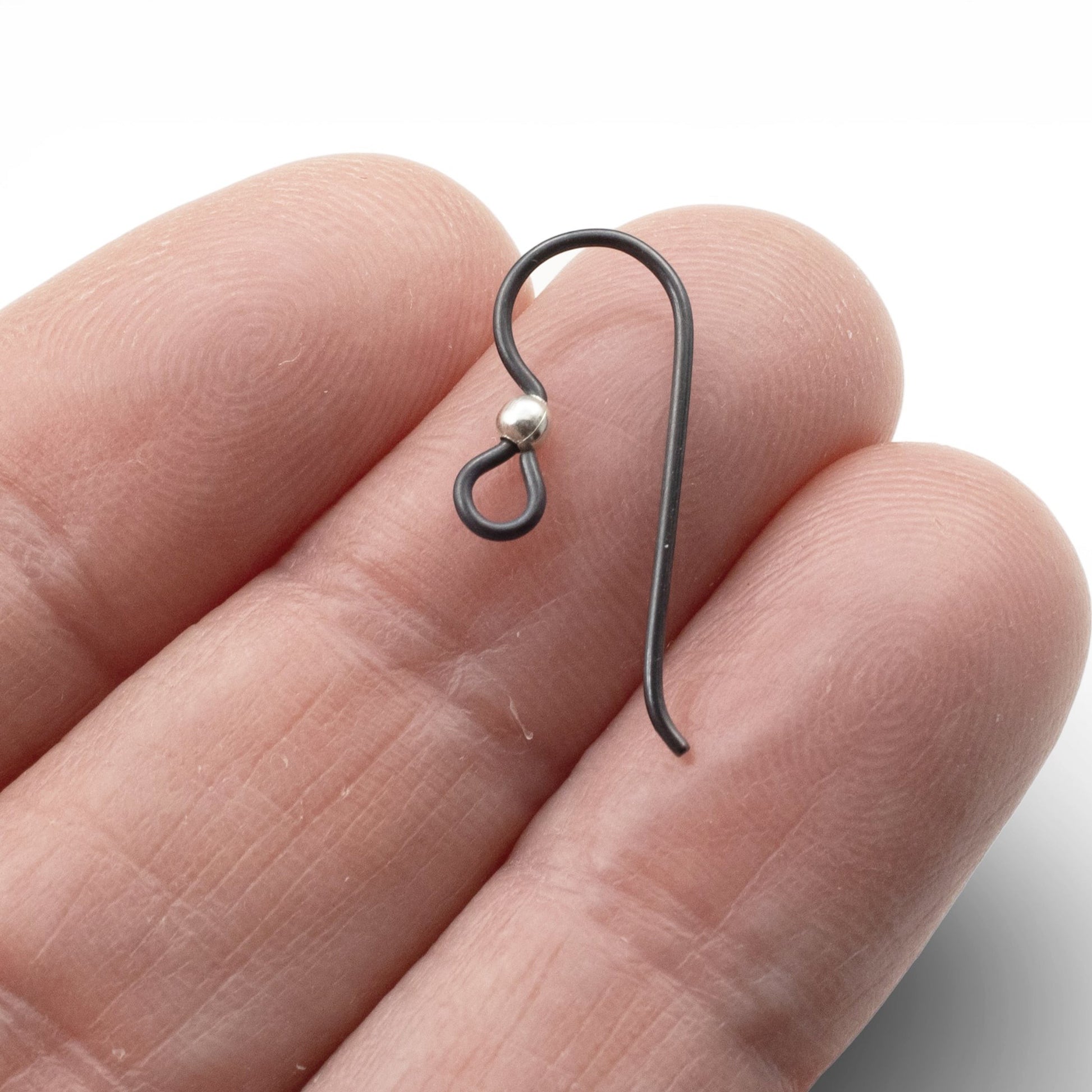 Hackberry Creek matte black niobium earring hooks with sterling silver bead, hypoallergenic for sensitive ears, 20 gauge, 4 pack.