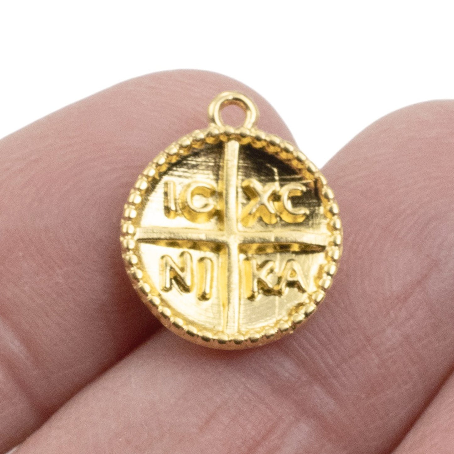 Hackberry Creek gold Byzantine cross pendant with IC XC NI KA inscription and beaded border. Charm size, 24K gold plated zamak.