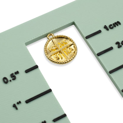 Hackberry Creek gold Byzantine cross pendant with IC XC NI KA inscription and beaded border, 15mm coin talisman.