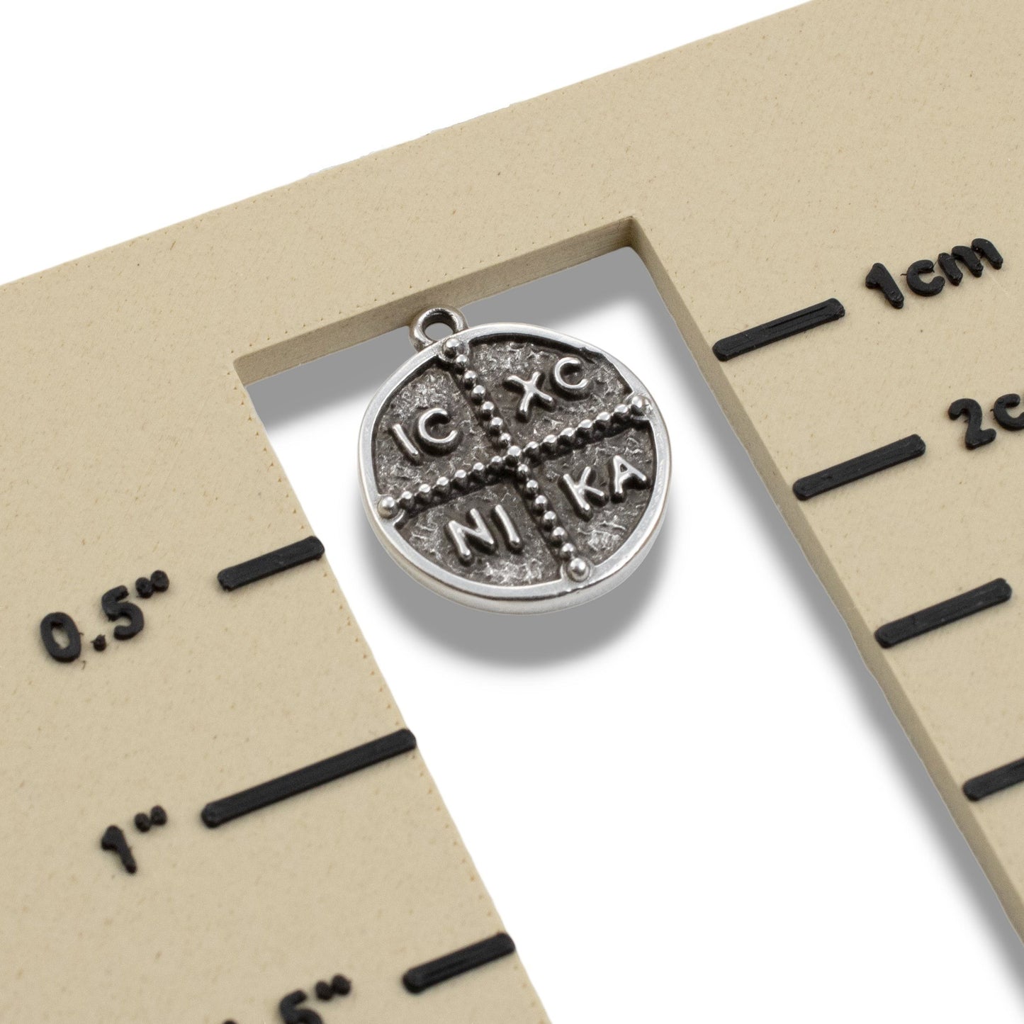 Hackberry Creek silver Byzantine cross pendant with IC XC NI KA inscription, antique coin style, 18mm.