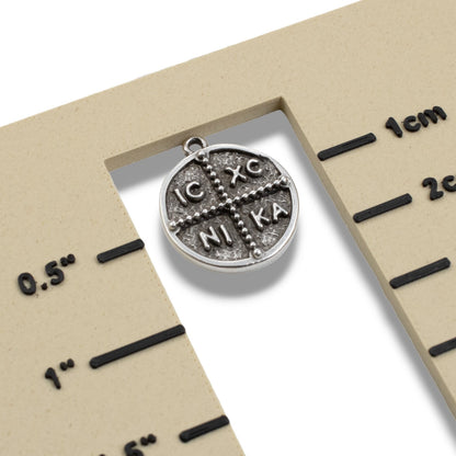 Hackberry Creek silver Byzantine cross pendant with IC XC NI KA inscription, antique coin style, 18mm.