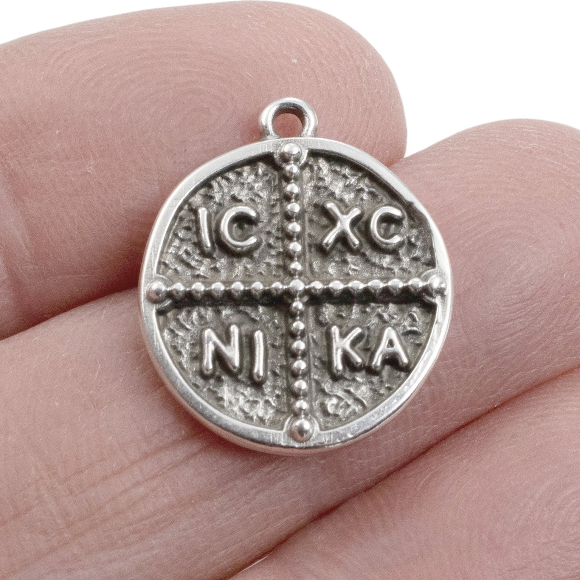 Hackberry Creek antique silver Byzantine cross pendant with IC XC NI KA inscription, 18mm coin talisman charm.