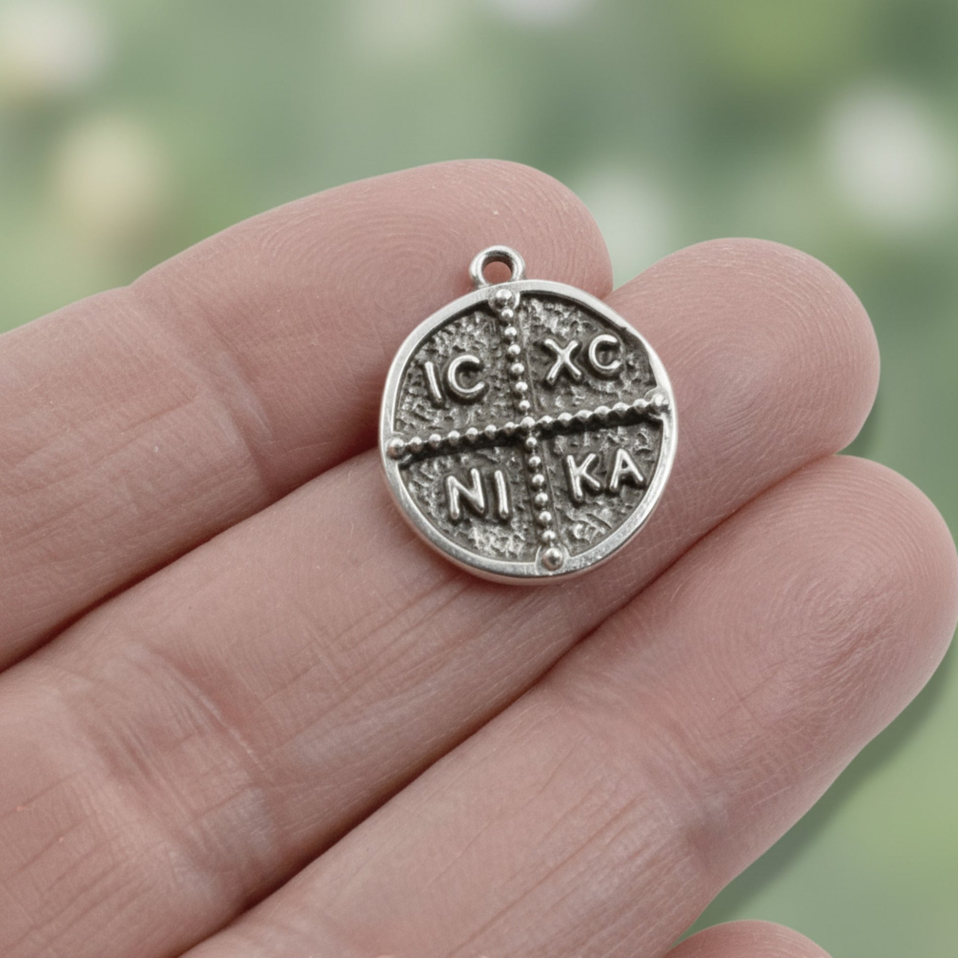 Hackberry Creek silver Byzantine cross pendant with IC XC NI KA inscription, antique coin style, 18mm