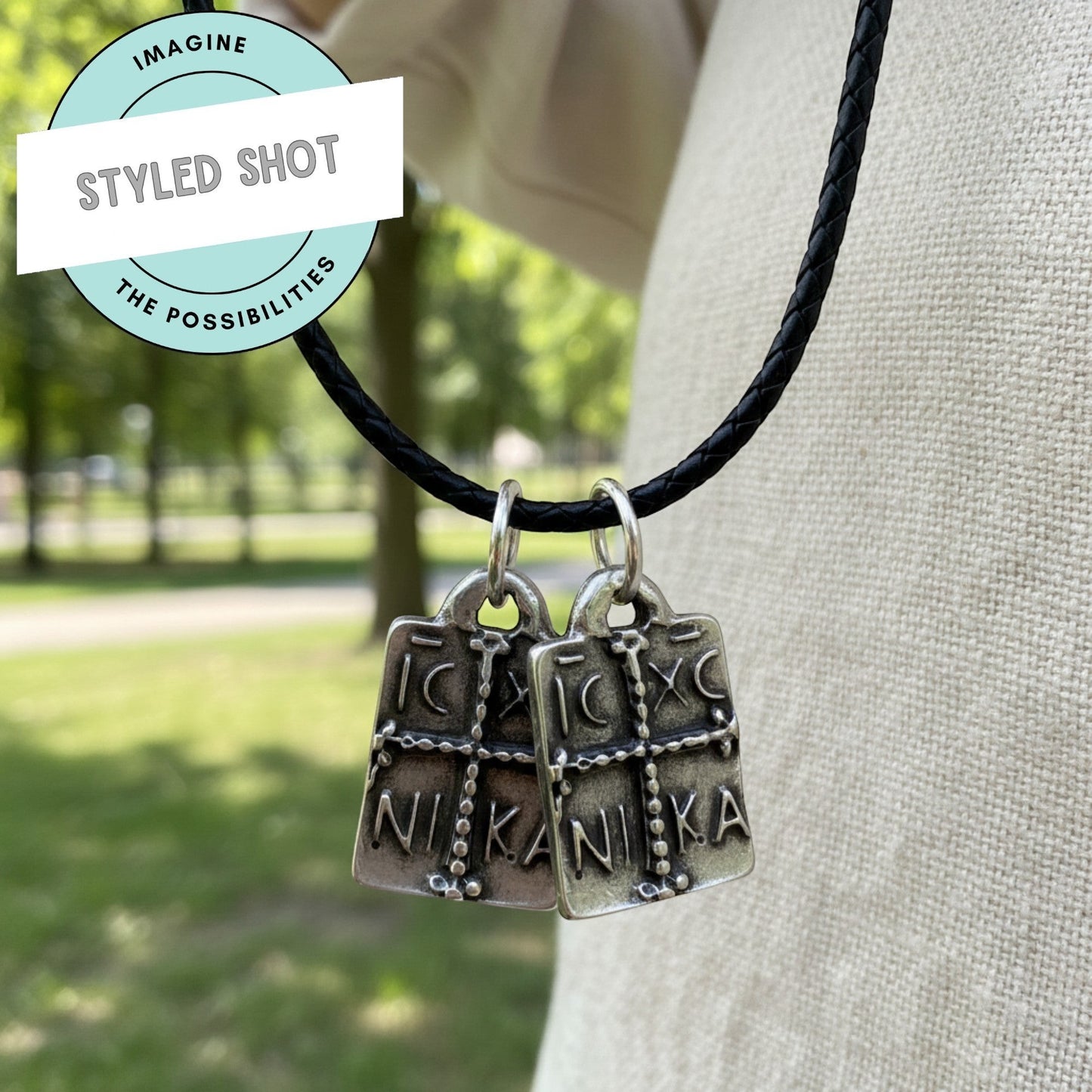 Hackberry Creek antique silver Byzantine cross pendants with IC XC NI KA inscription, 2-pack, on black cord.