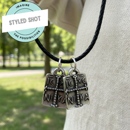 Hackberry Creek antique silver Byzantine cross pendants with IC XC NI KA inscription, 2-pack, on black cord.