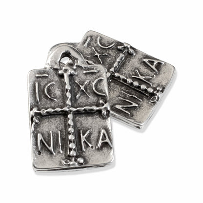 Hackberry Creek antique silver plated Byzantine cross pendant with IC XC NI KA inscription, 2-pack.