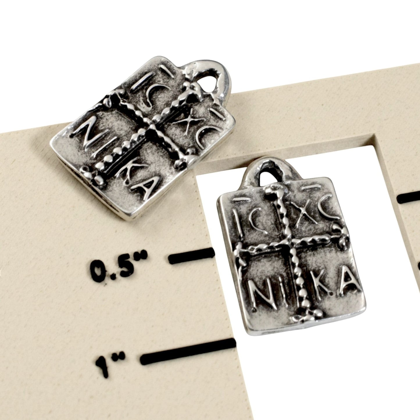 Hackberry Creek antique silver Byzantine cross pendant with IC XC NI KA inscription, rectangular shape, 16x26mm.