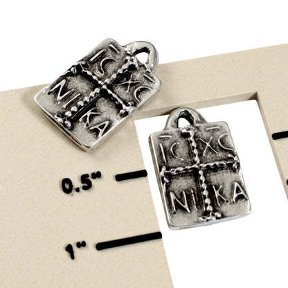 Hackberry Creek antique silver Byzantine cross pendant with IC XC NI KA inscription, rectangular shape, 16x26mm.