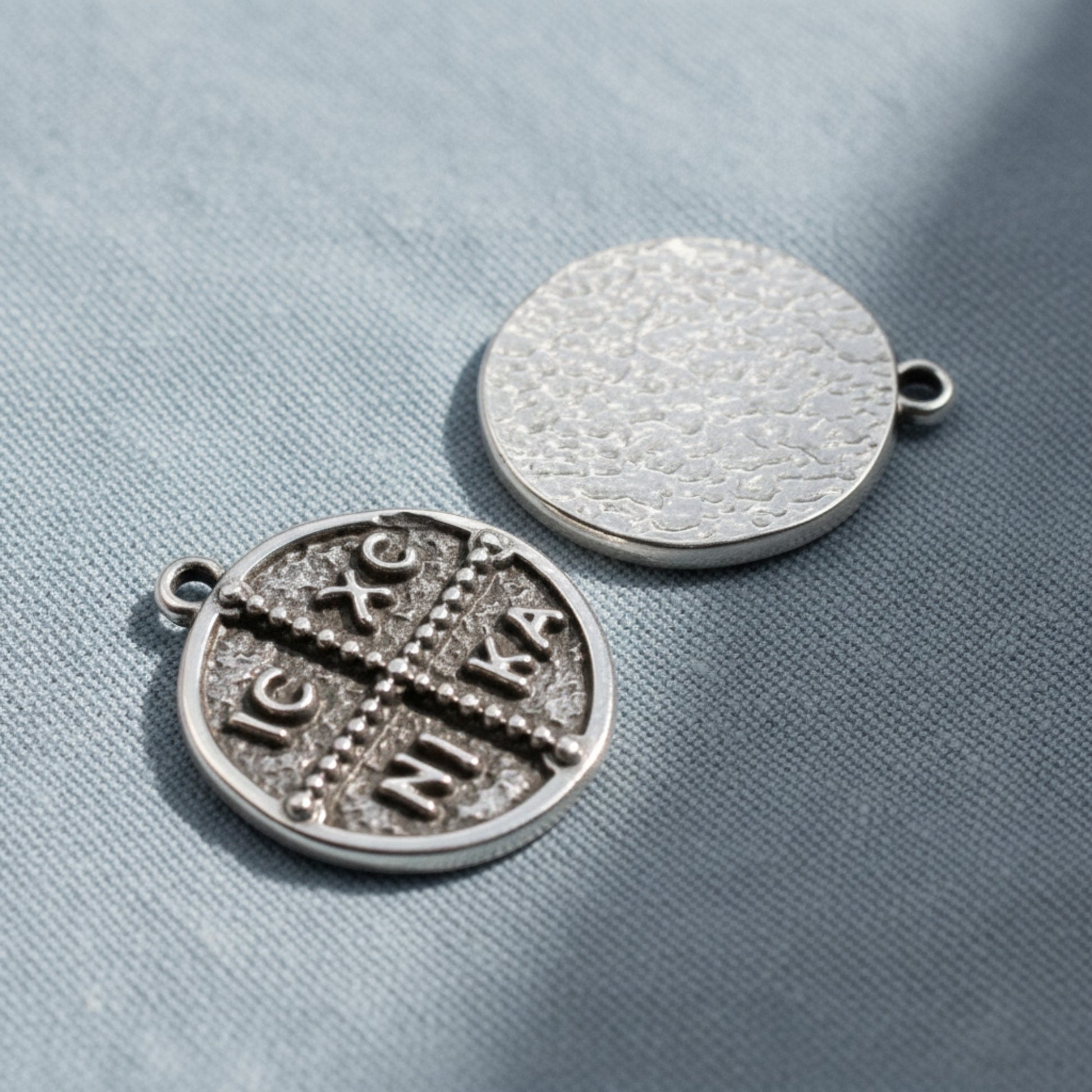 Hackberry Creek antique silver Byzantine cross pendant with IC XC NI KA inscription, coin-style detail.