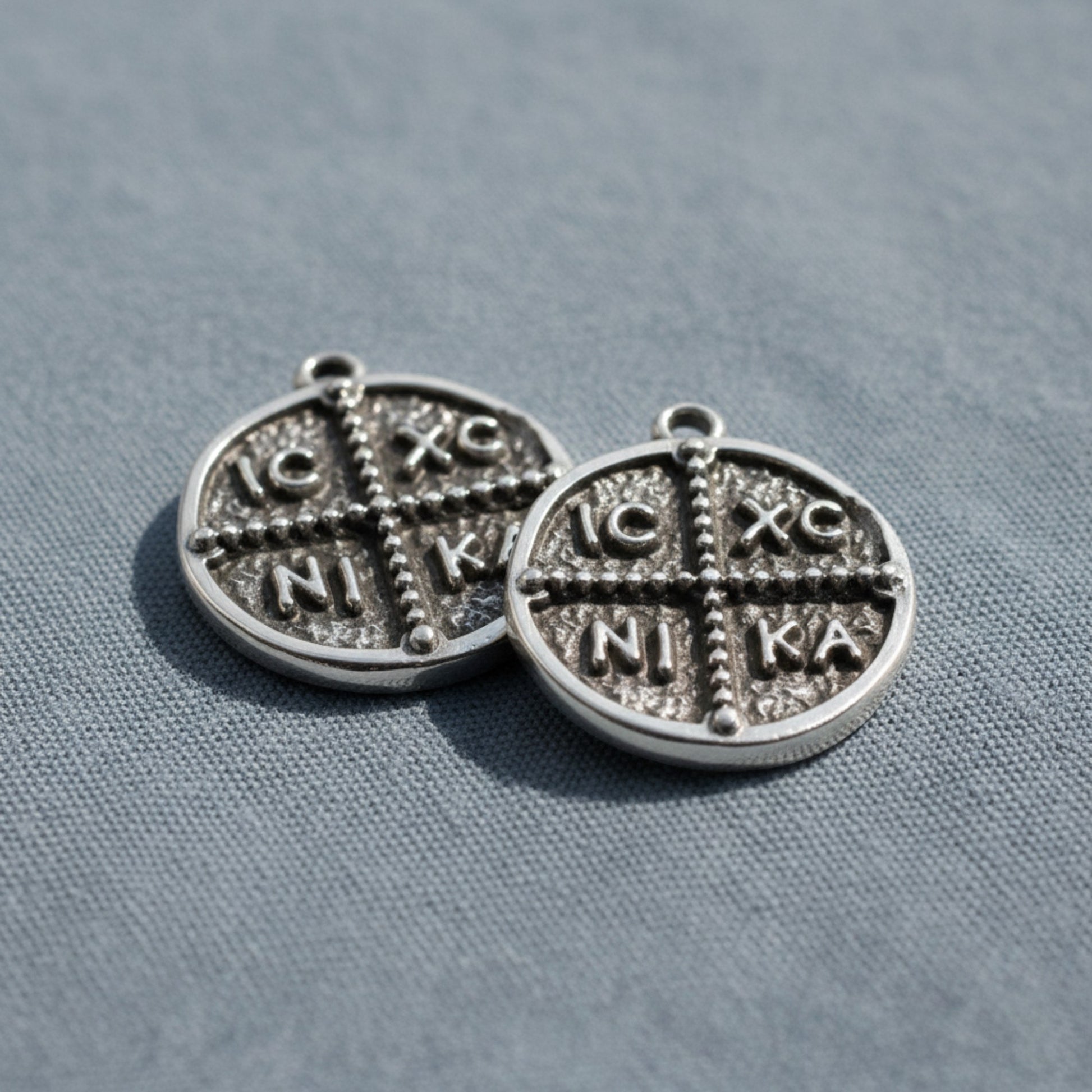 Hackberry Creek antique silver Byzantine cross pendant with IC XC NI KA inscription, 18mm coin style charm.