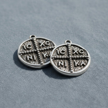 Hackberry Creek antique silver Byzantine cross pendant with IC XC NI KA inscription, 18mm coin style charm.